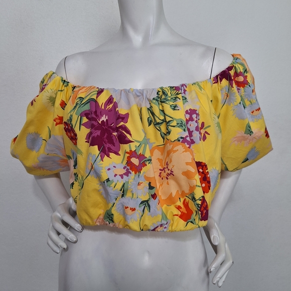 H&M Yellow Multicolor Floral Tropical Tie Back Off The Shoulder Crop Top Size XL - Picture 1 of 8